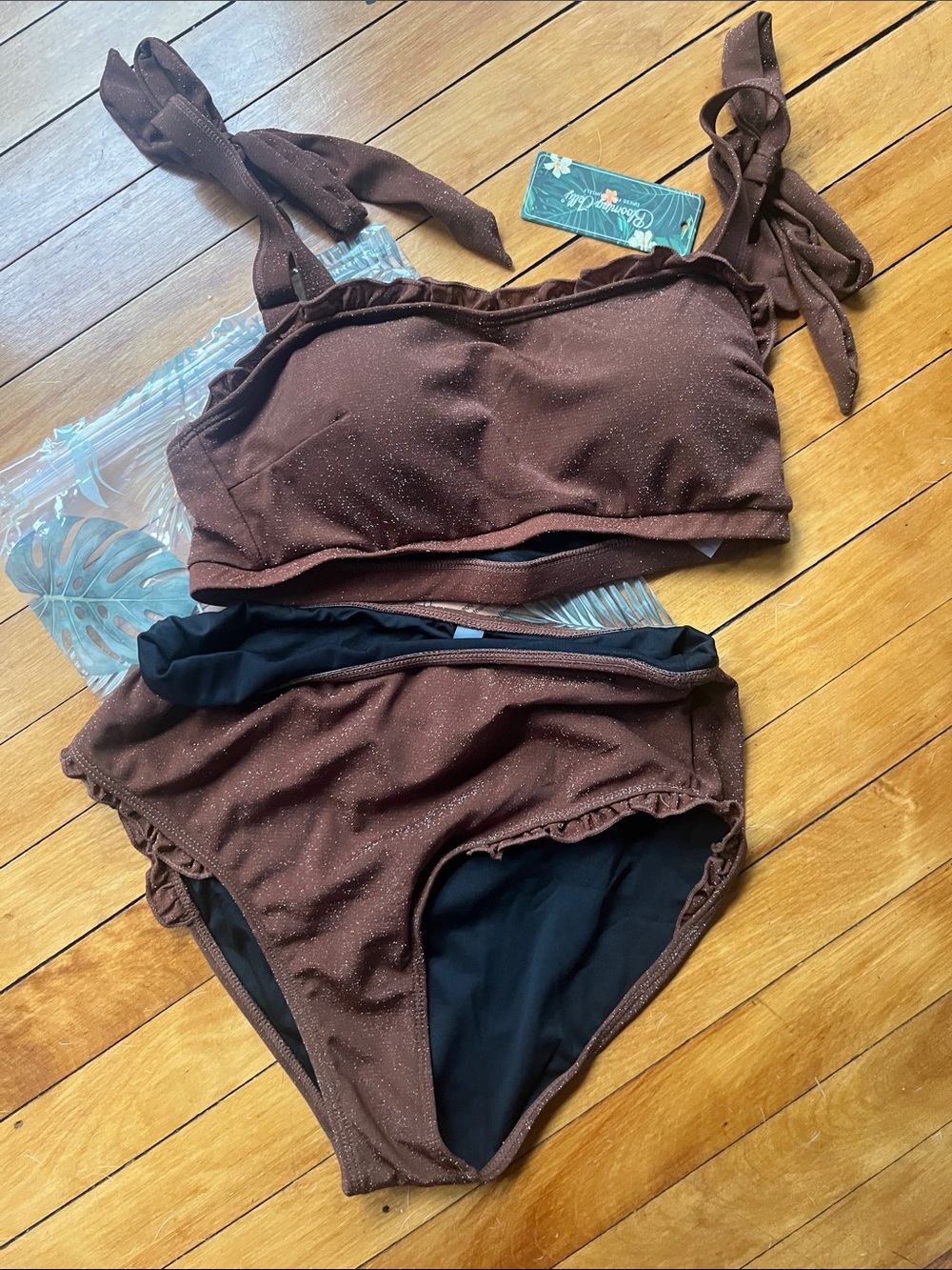 Brown Sparkle Tie-Shoulder Bikini Set - Women Swim Bikinis